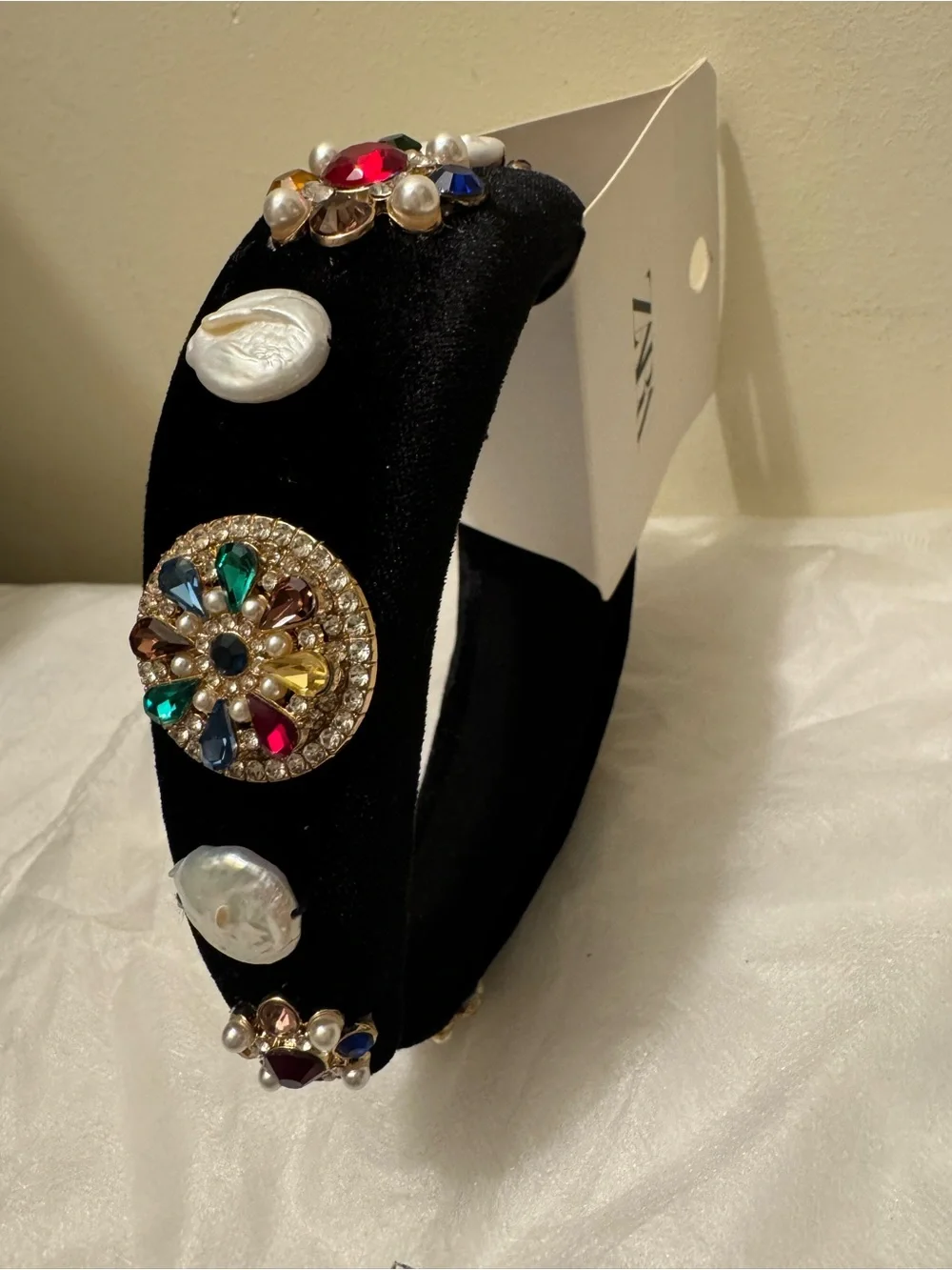 NWT Vintage Zara black velvet headband with pearl and gemstone embellishments